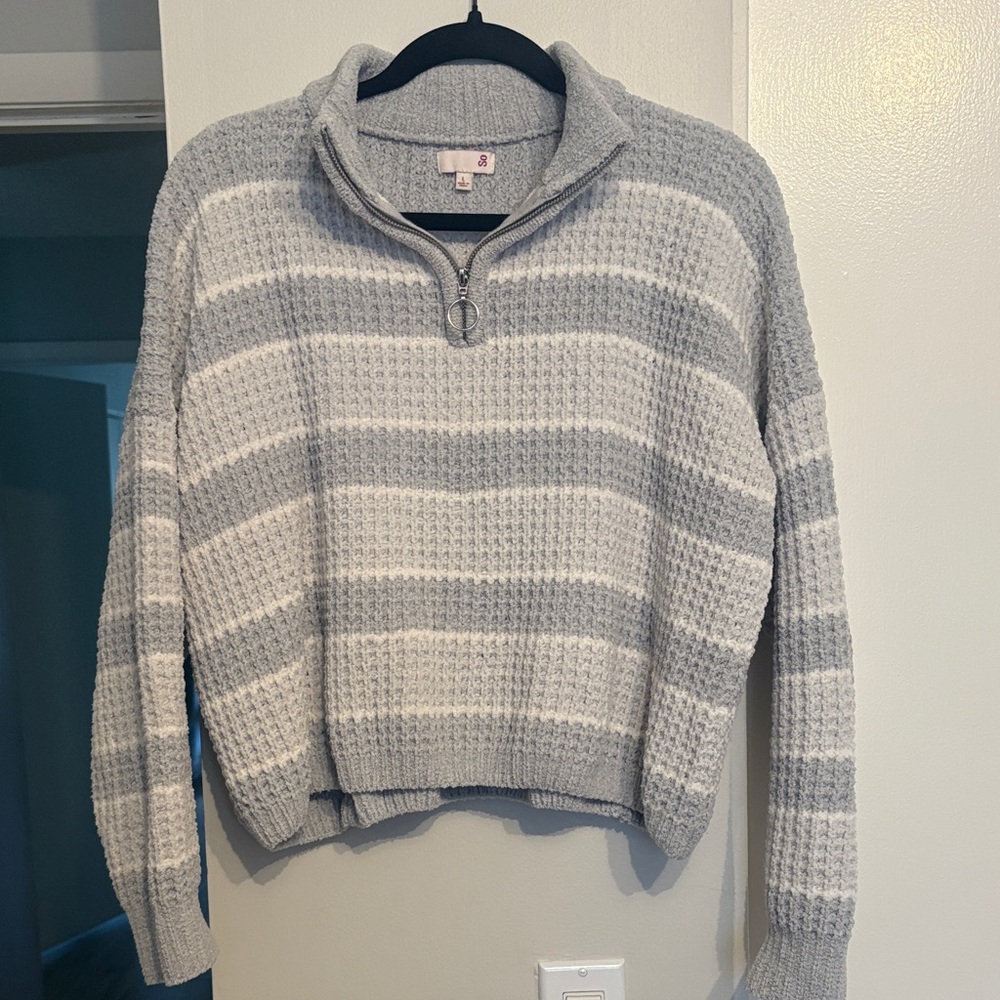 SO Women's Gray and White Cowl Neck Sweater